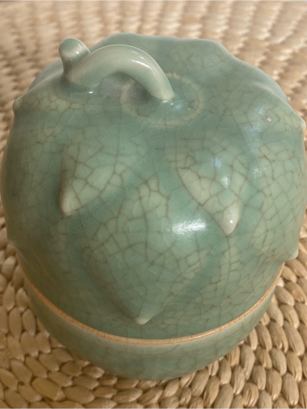 VTG Celadon Crackle Glaze Ginger Jar w Lid Squash Artichoke Chinese Mid Century - Picture 2 of 7